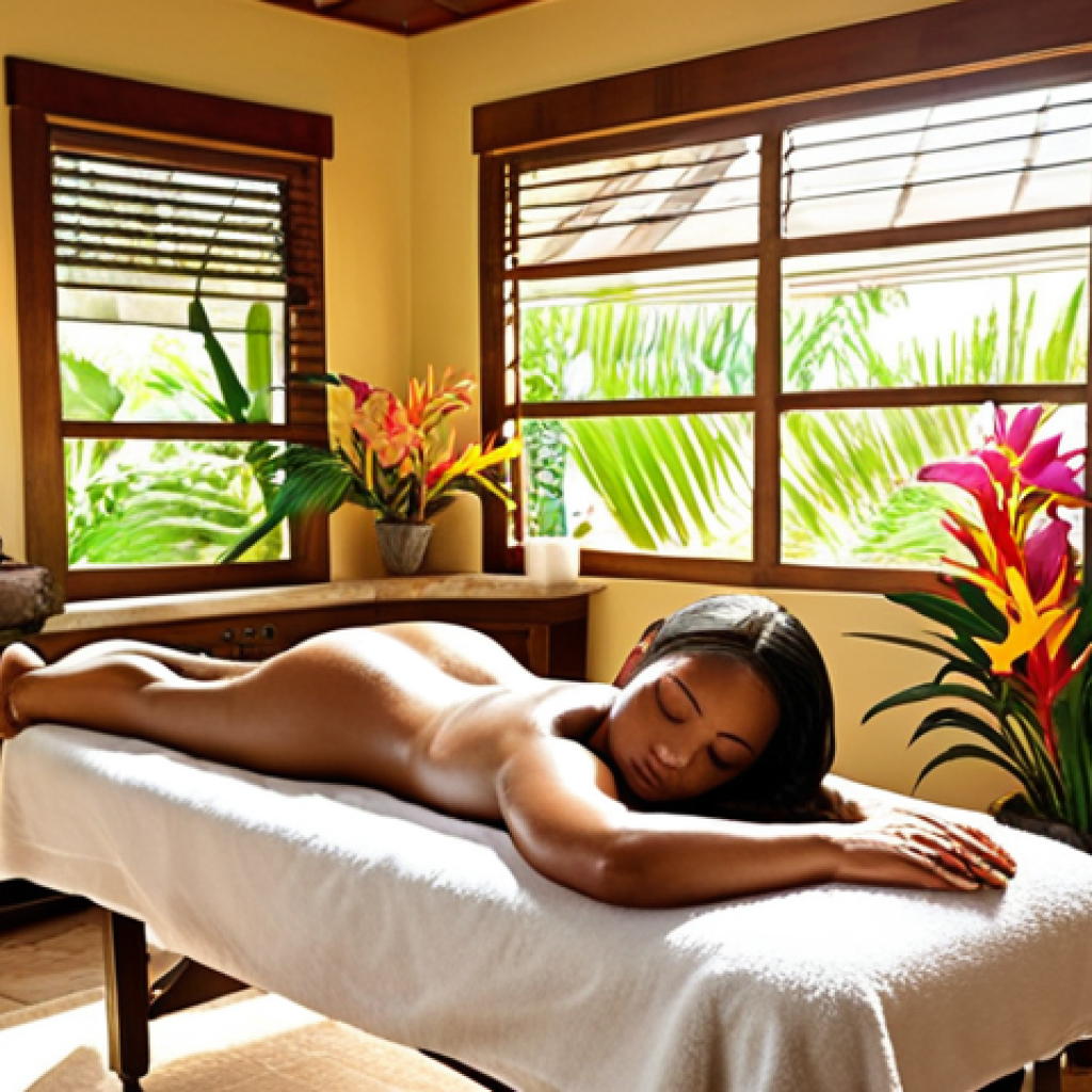 **

A serene spa scene in the Bahamas. Sunlight streams into a treatment room where a woman receives a massage with local essential oils. The room is decorated with tropical flowers and natural elements, creating a peaceful atmosphere.

**
