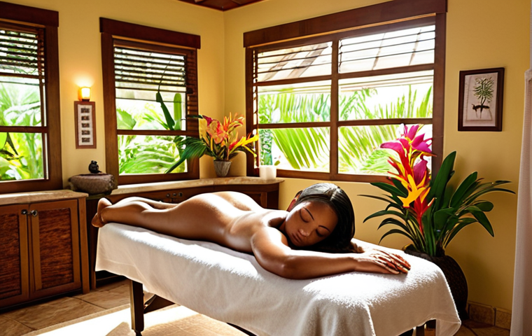 **

A serene spa scene in the Bahamas. Sunlight streams into a treatment room where a woman receives a massage with local essential oils. The room is decorated with tropical flowers and natural elements, creating a peaceful atmosphere.

**