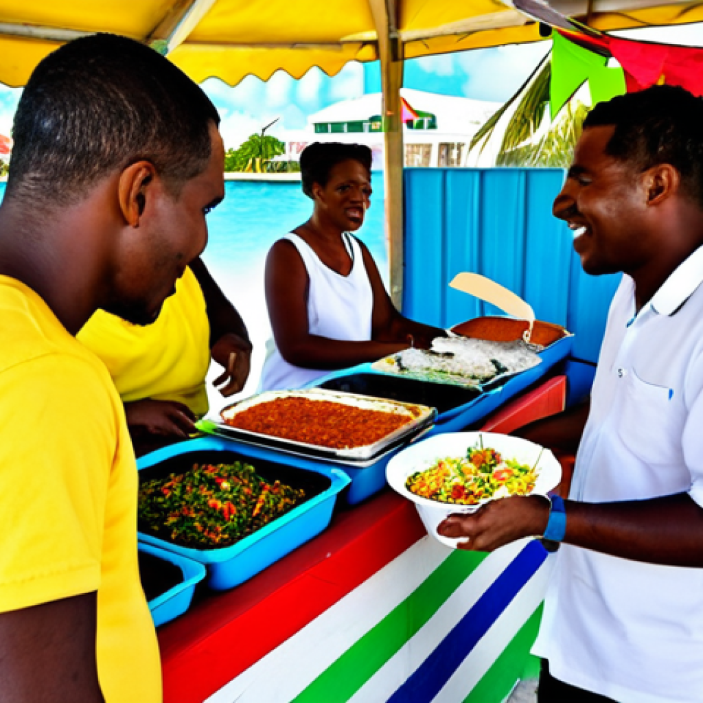 **

"A vibrant food stall at Arawak Cay (Fish Fry) in Nassau, Bahamas. Fully clothed tourists are enjoying fried fish, conch salad, and peas 'n' rice. The scene is bustling with activity and colorful decorations, appropriate attire, safe for work, perfect anatomy, natural proportions, professional food photography, high quality, family-friendly."

**