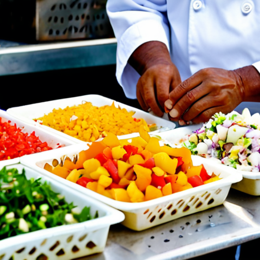 Conch Salad Preparation**

"A professional chef, fully clothed in a clean white chef's coat, preparing a fresh conch salad at an outdoor market stall in the Bahamas, appropriate attire, safe for work. Ingredients include diced conch, colorful bell peppers, onions, and citrus fruits. Bright daylight, vibrant colors, perfect anatomy, natural proportions, well-formed hands, proper finger count, professional food photography, high quality, family-friendly, modest."

**