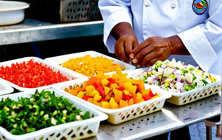 Conch Salad Preparation**

"A professional chef, fully clothed in a clean white chef's coat, preparing a fresh conch salad at an outdoor market stall in the Bahamas, appropriate attire, safe for work. Ingredients include diced conch, colorful bell peppers, onions, and citrus fruits. Bright daylight, vibrant colors, perfect anatomy, natural proportions, well-formed hands, proper finger count, professional food photography, high quality, family-friendly, modest."

**