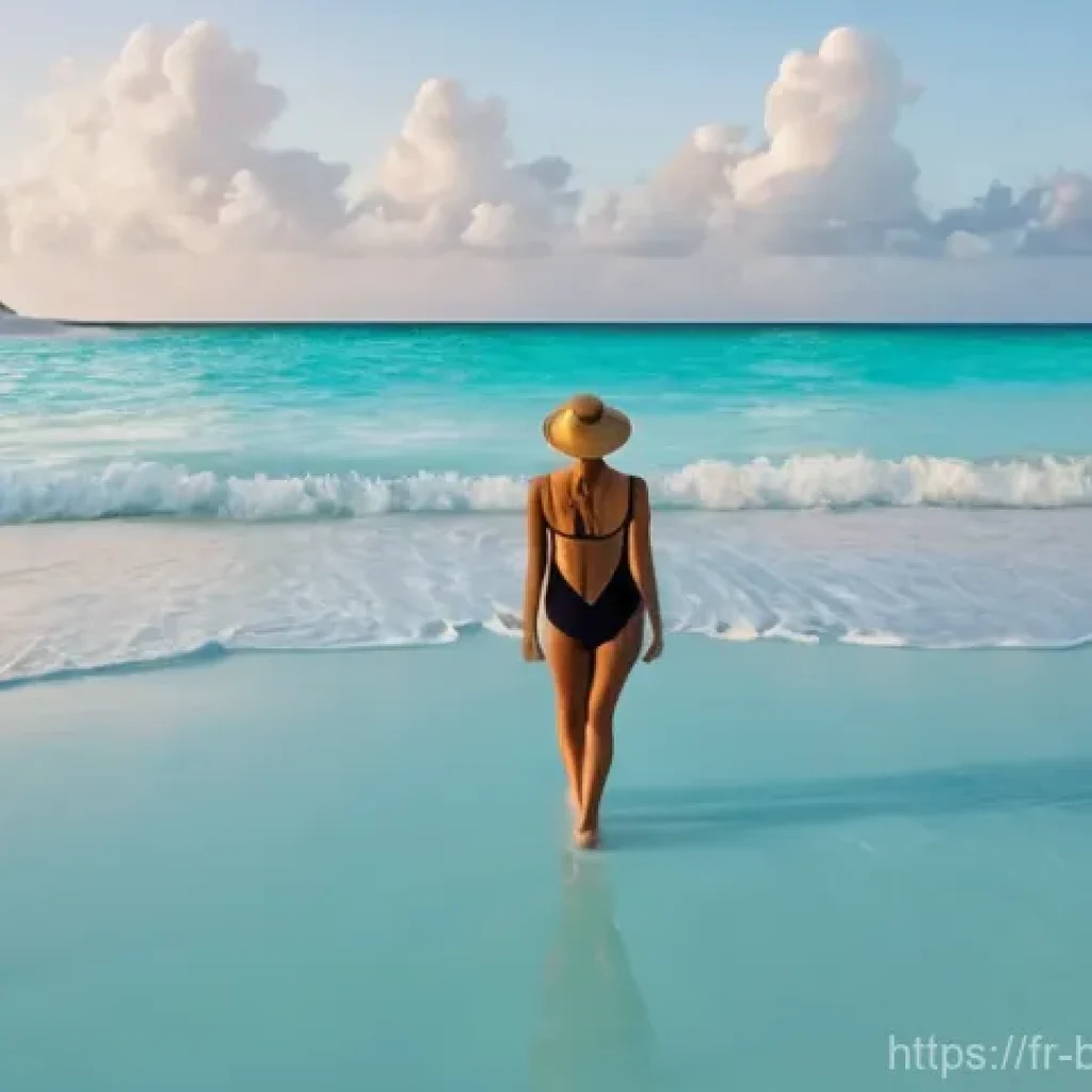 바하마에서 배낭여행 루트 - **Prompt:** A serene and expansive panoramic view of Cape Santa Maria Beach on Long Island, Bahamas,...