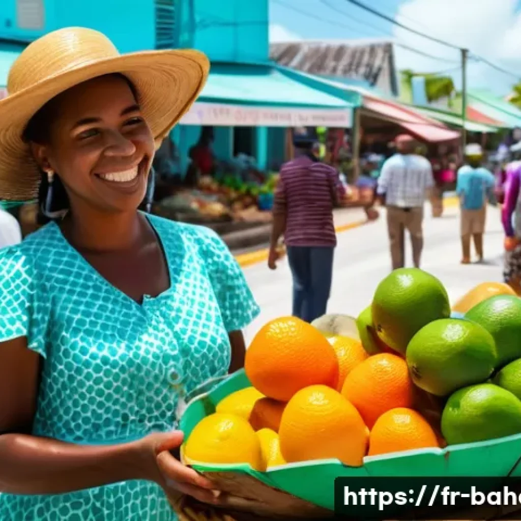 바하마에서 주의할 점 - **Prompt:** A vibrant Bahamian local market scene on a sunny day. A female traveler in her late 20s ...