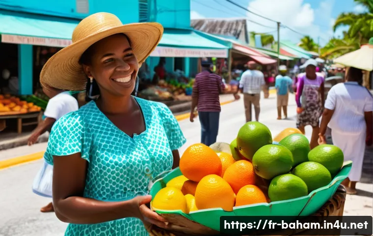 바하마에서 주의할 점 - **Prompt:** A vibrant Bahamian local market scene on a sunny day. A female traveler in her late 20s ...