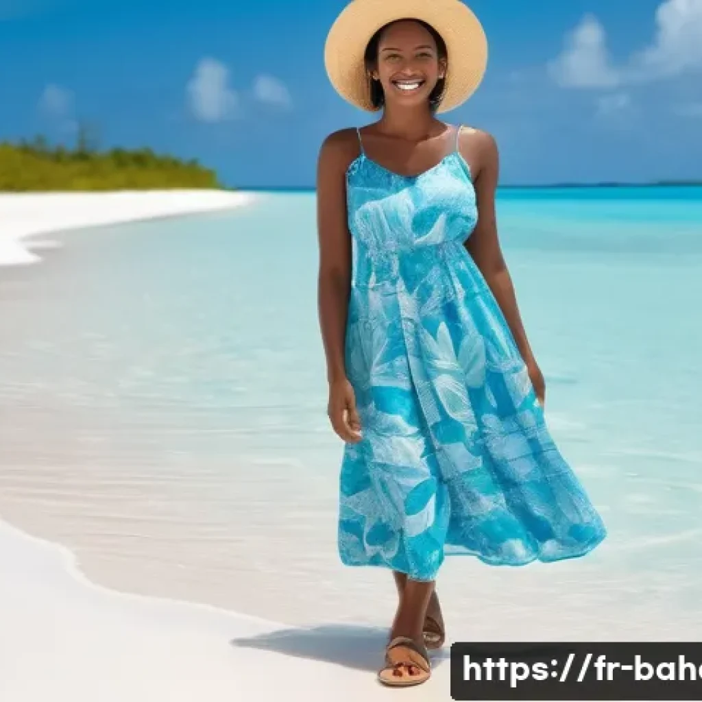 바하마의 전통 의상 - A radiant Bahamian woman in her late twenties, smiling warmly, stands on a picturesque beach with cr...