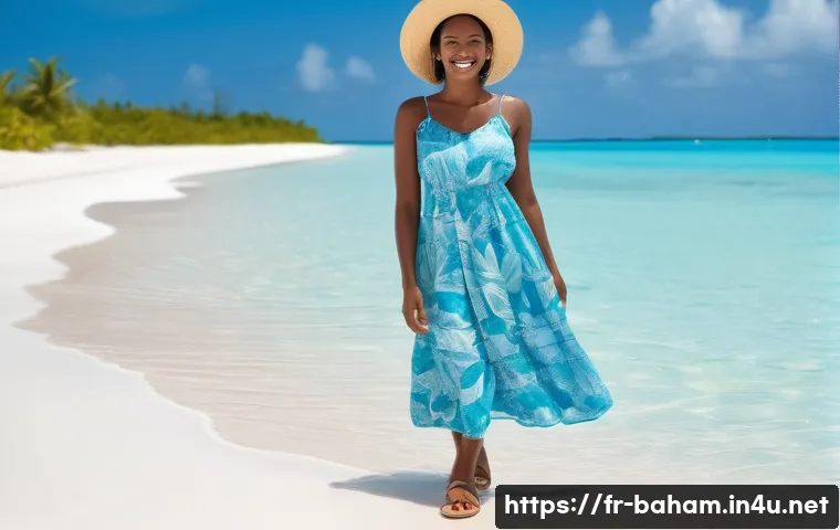 바하마의 전통 의상 - A radiant Bahamian woman in her late twenties, smiling warmly, stands on a picturesque beach with cr...