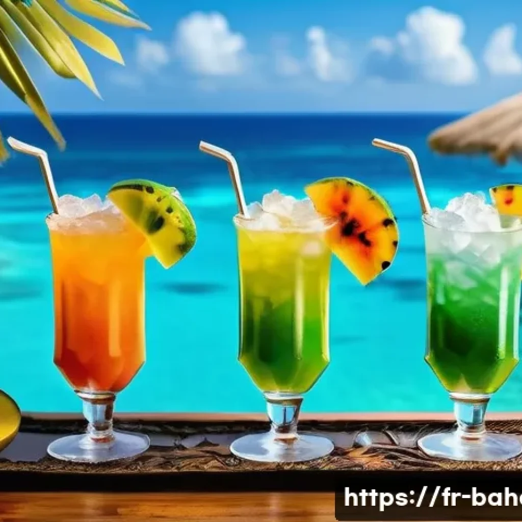 바하마에서 가장 인기 있는 칵테일 - A vibrant Bahamian cocktail scene set on a sunlit seaside terrace overlooking turquoise ocean waters...