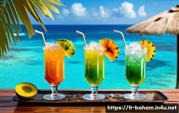 바하마에서 가장 인기 있는 칵테일 - A vibrant Bahamian cocktail scene set on a sunlit seaside terrace overlooking turquoise ocean waters...