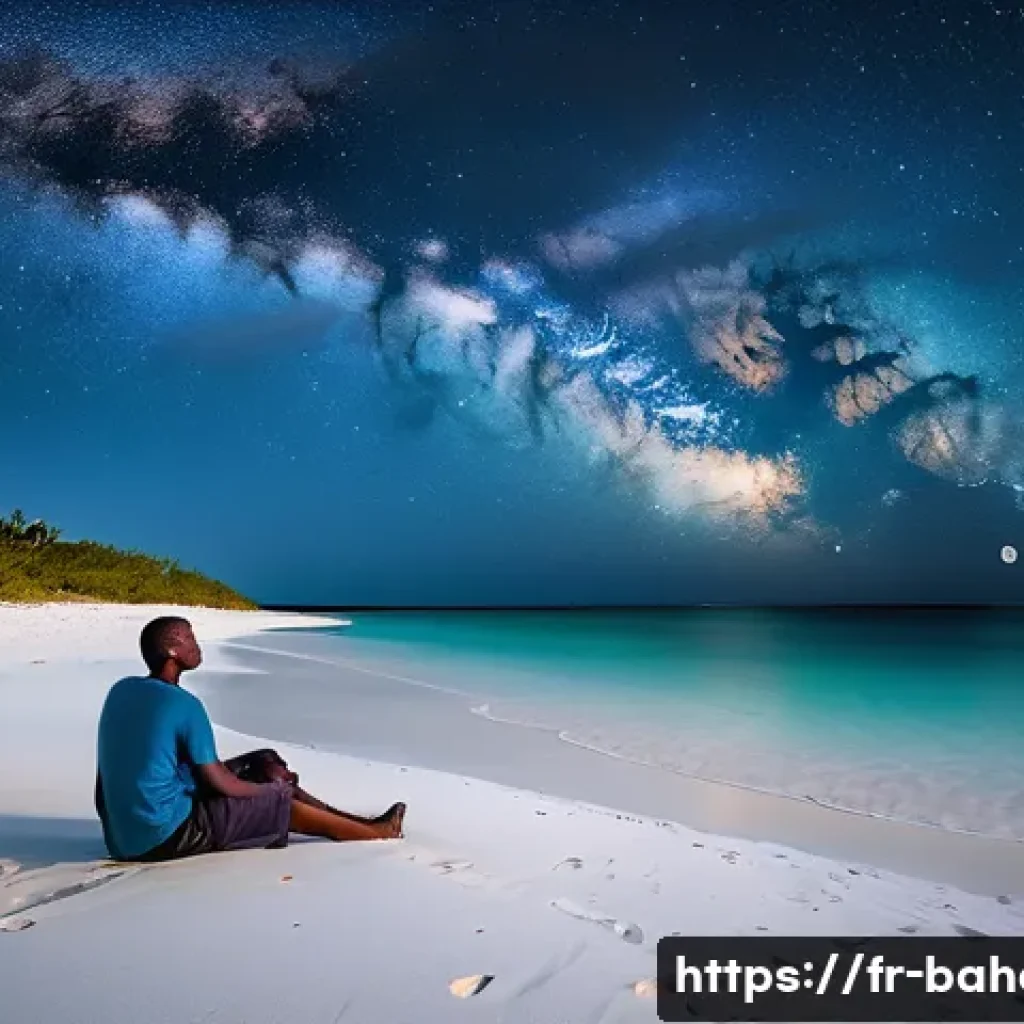바하마에서 별 보기 좋은 장소 - A serene, isolated beach in the Bahamas at night, with soft white sand and gentle waves under a pitc...