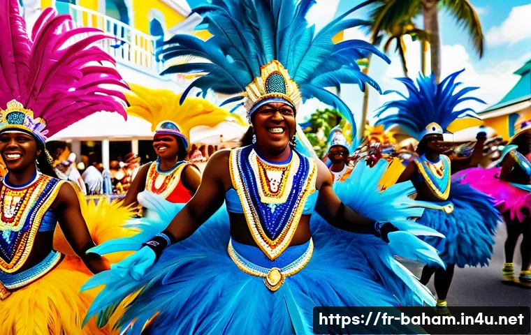 바하마 역사와 문화 - A vibrant Junkanoo festival scene in Nassau, Bahamas, featuring colorful and extravagant costumes ma...