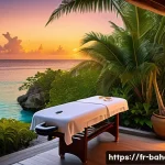Home 21 바하마에서 스파 경험하기 - A serene outdoor Bahamian spa setting at sunset with a massage table overlooking turquoise ocean wat...