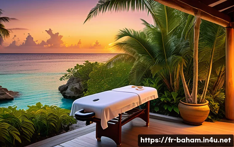 바하마에서 스파 경험하기 - A serene outdoor Bahamian spa setting at sunset with a massage table overlooking turquoise ocean wat...
