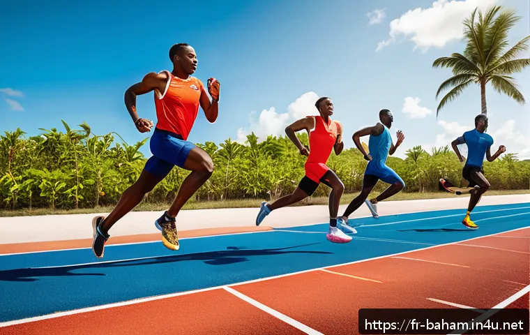 바하마 국민 스포츠 - A vibrant outdoor sprint training session in the Bahamas featuring young Bahamian athletes wearing c...