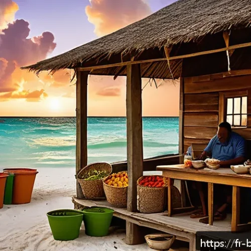 Home 31 바하마 콘크 수프 맛집 - A rustic Bahamian beachside restaurant scene at sunset, featuring a wooden shack with open windows s...