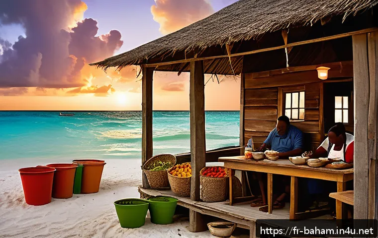 바하마 콘크 수프 맛집 - A rustic Bahamian beachside restaurant scene at sunset, featuring a wooden shack with open windows s...