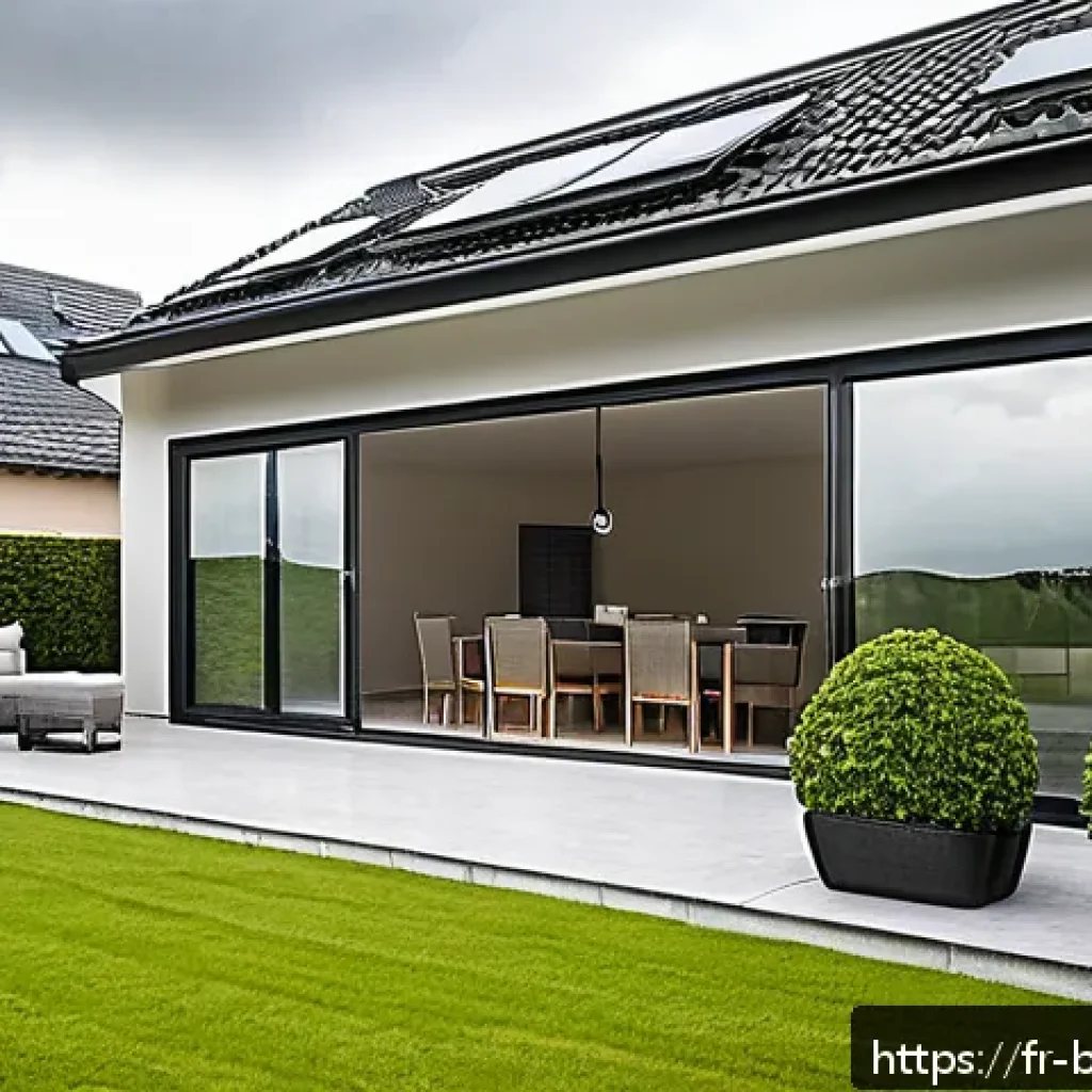 바하마 허리케인 시즌 대비 - A detailed scene of a modern French suburban house preparing for an approaching storm: polycarbonate...