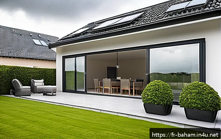 바하마 허리케인 시즌 대비 - A detailed scene of a modern French suburban house preparing for an approaching storm: polycarbonate...