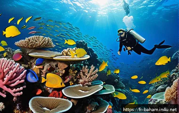 바하마 스쿠버다이빙 명소 - A vibrant underwater scene at the Bahamas coral reef, showcasing multicolored corals stretching endl...