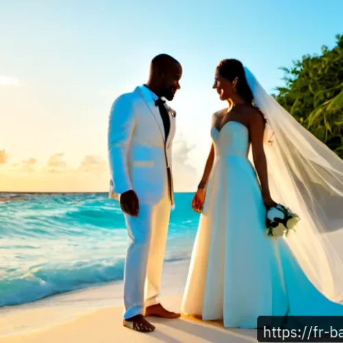 바하마에서 웨딩 촬영하기 - Photorealistic luxury wedding photoshoot on a secluded Bahamian beach at golden hour, elegant newlyw...