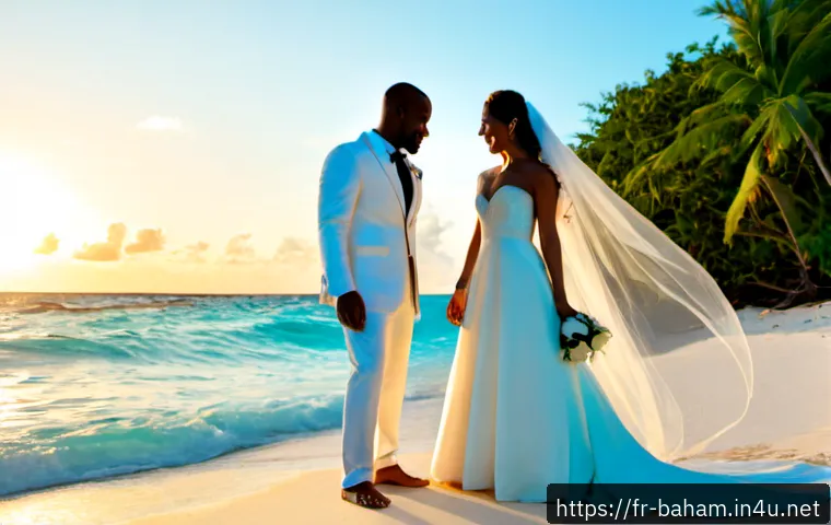 바하마에서 웨딩 촬영하기 - Photorealistic luxury wedding photoshoot on a secluded Bahamian beach at golden hour, elegant newlyw...