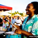 바하마 음악 장르 칼립소 - Photorealistic Bahamian calypso band performing at a sunlit Nassau waterfront festival, smiling lead...