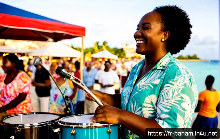 바하마 음악 장르 칼립소 - Photorealistic Bahamian calypso band performing at a sunlit Nassau waterfront festival, smiling lead...