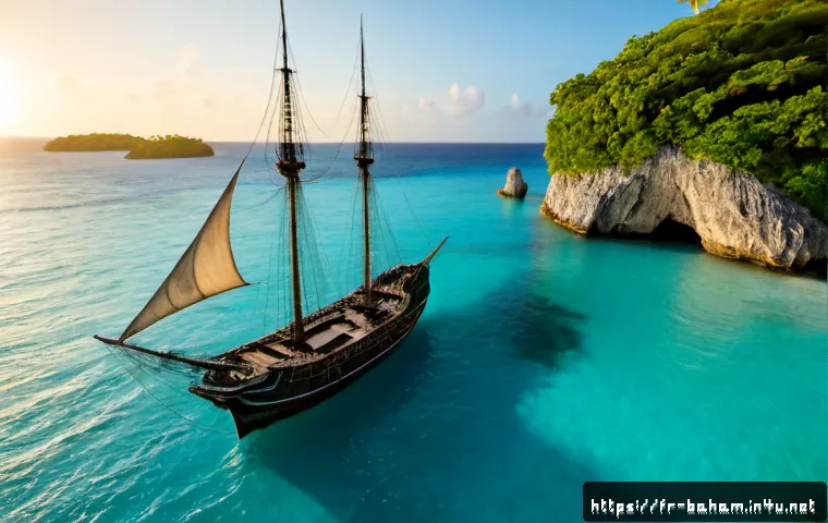 Home 17 바하마 해적의 역사 - Photorealistic 18th-century pirate sloop anchored in a turquoise Bahamian cove at sunrise, weathered...