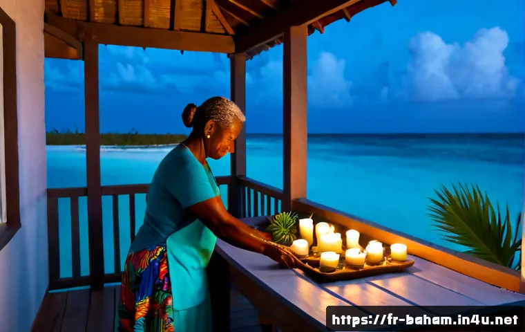 바하마의 미신과 전통 신앙 - Photorealistic Bahamian coastal cottage at blue-hour dusk, an elderly island woman in modest colorfu...